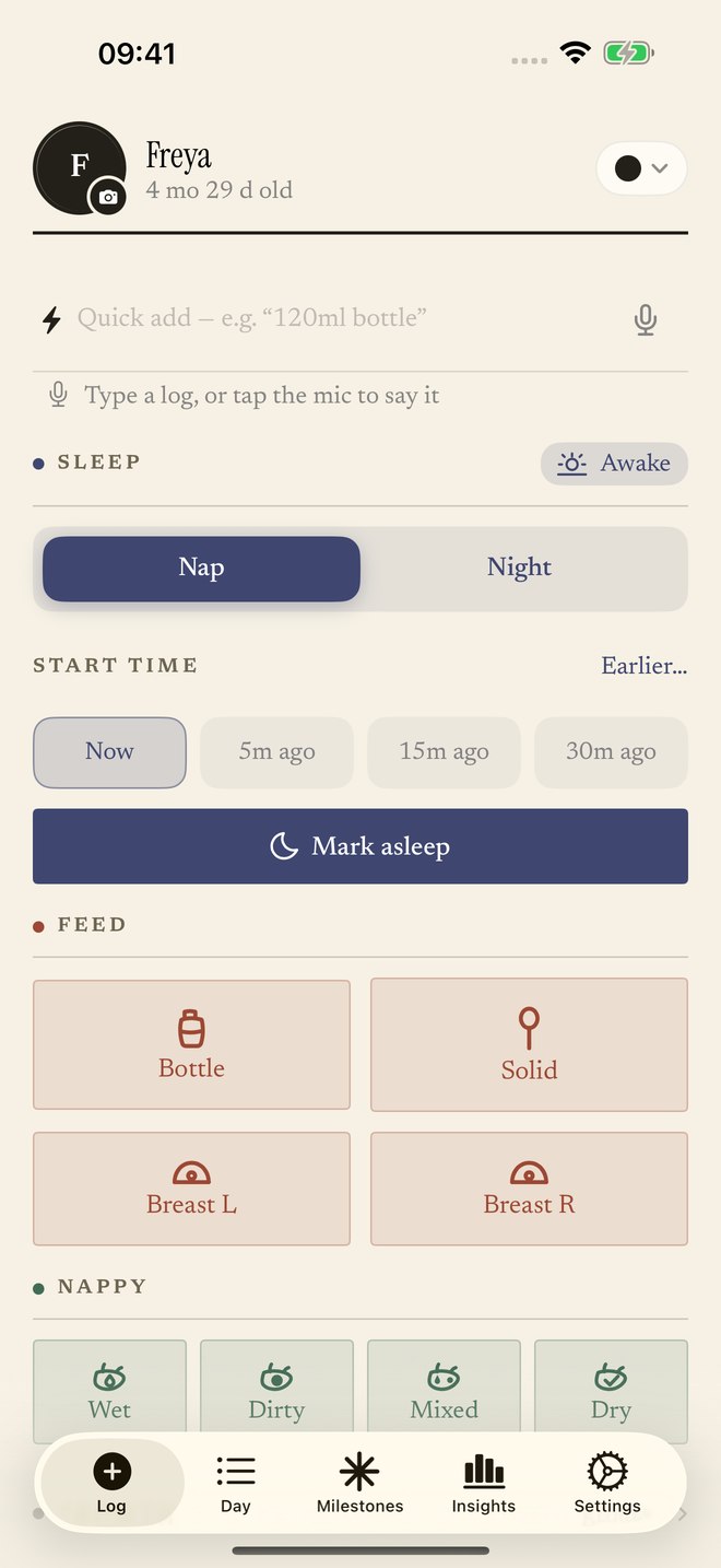 Pipkin’s redesigned Log screen with drawn sleep, feed and nappy marks