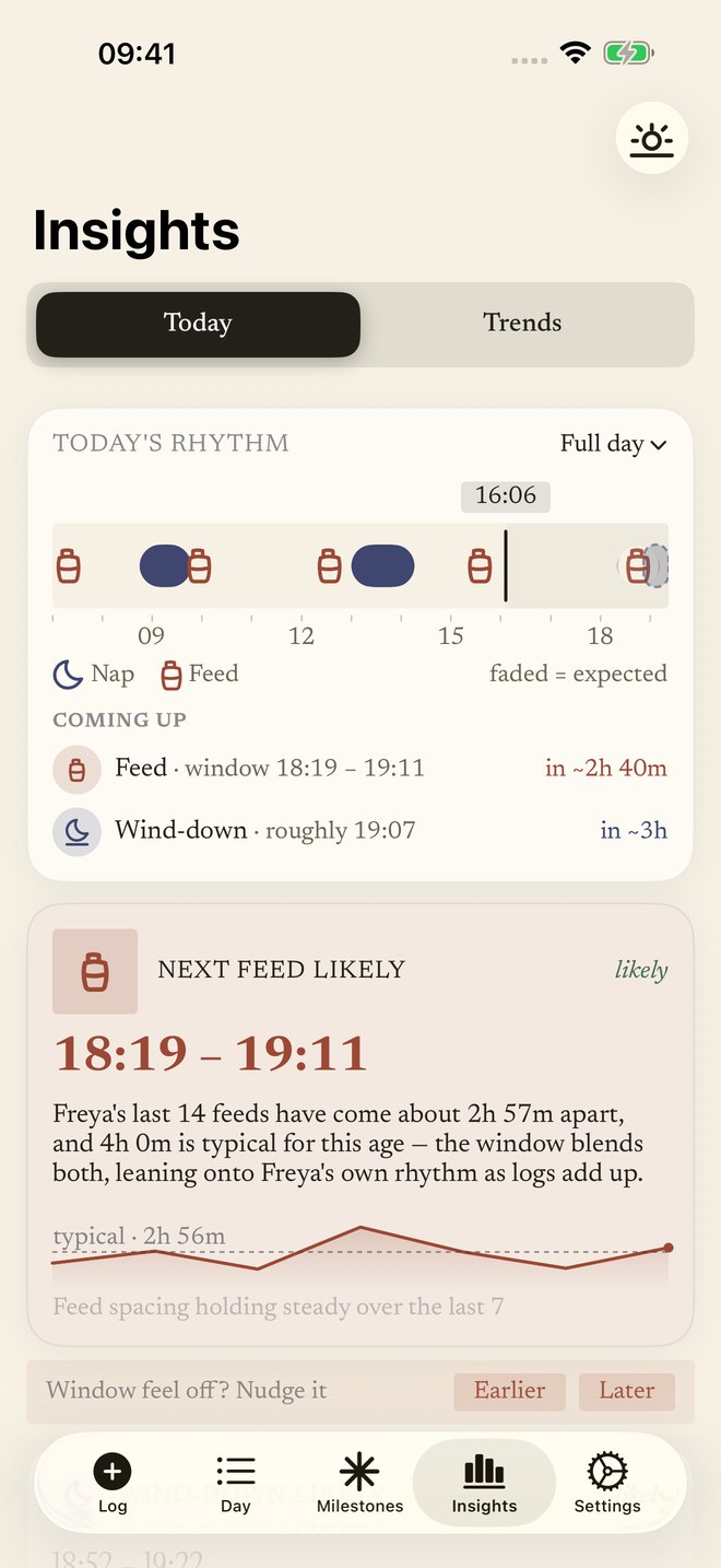 Today’s rhythm in light mode, with predicted feed and wind-down windows