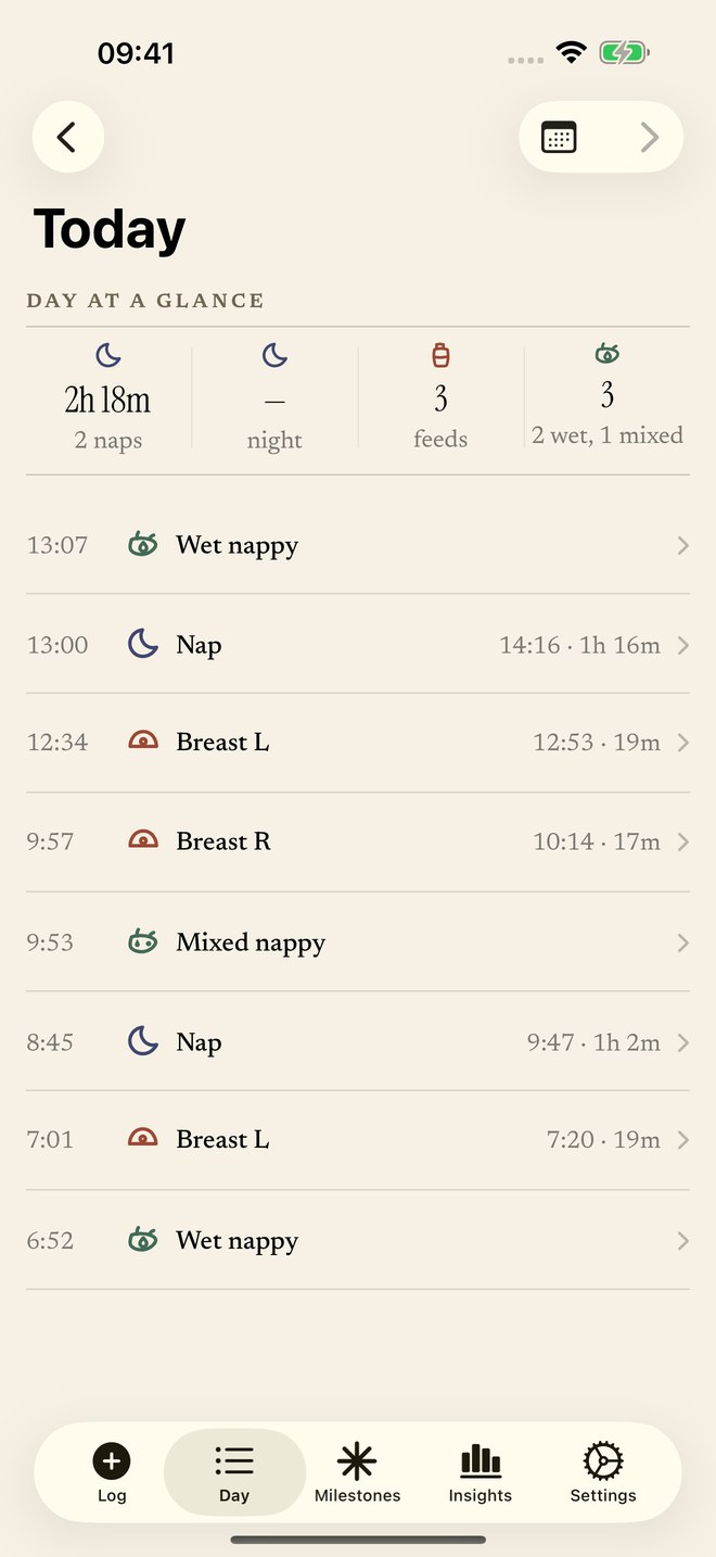 A ruled Day timeline of Freya’s example sleeps, feeds and nappy changes