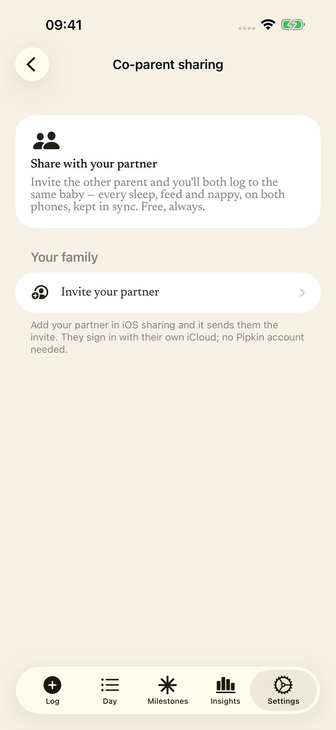 Co-parent sharing in light mode, with the native Invite your partner entry point