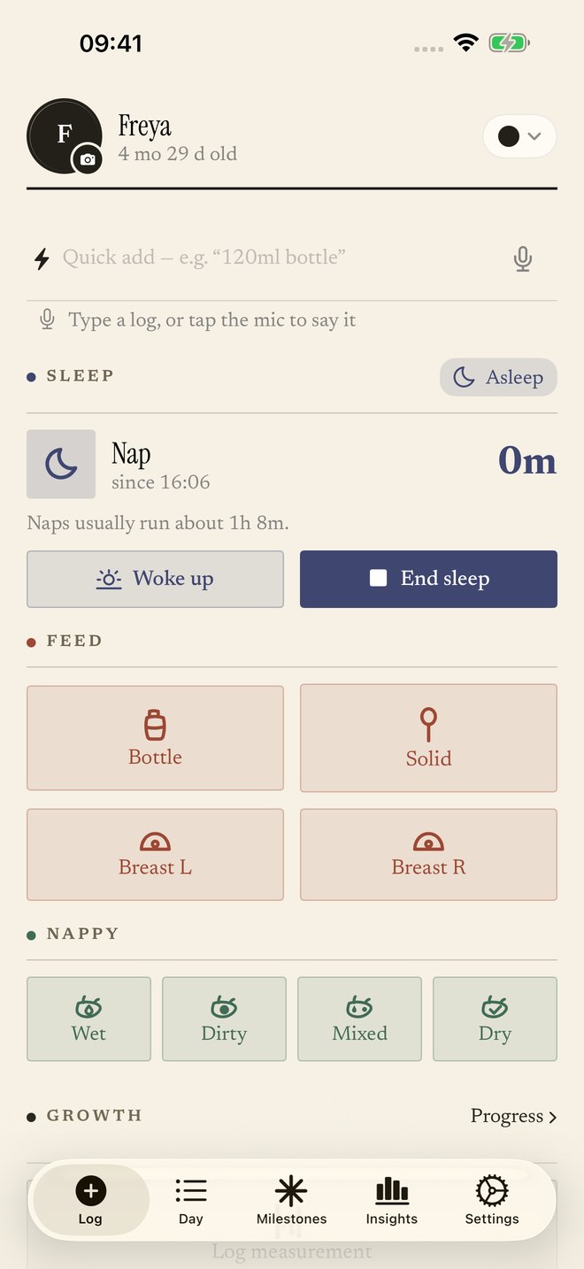 A running nap timer in light mode, with Woke up and End sleep controls