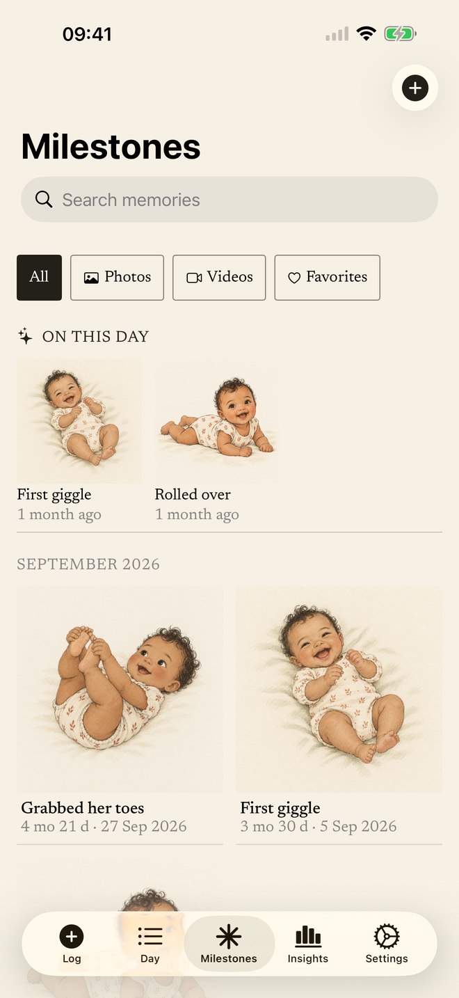 The Milestones journal with generated illustrations of a first giggle, rolling over and grabbing toes
