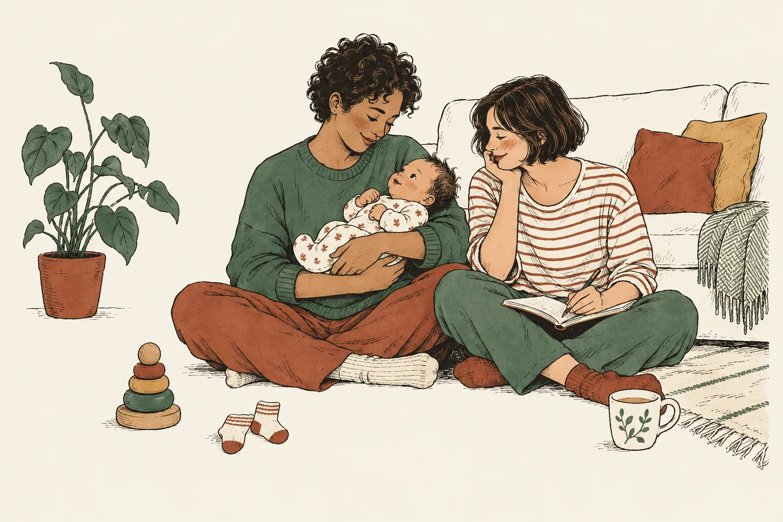 Two parents taking a quiet moment with their baby, an open notebook and a cup of tea